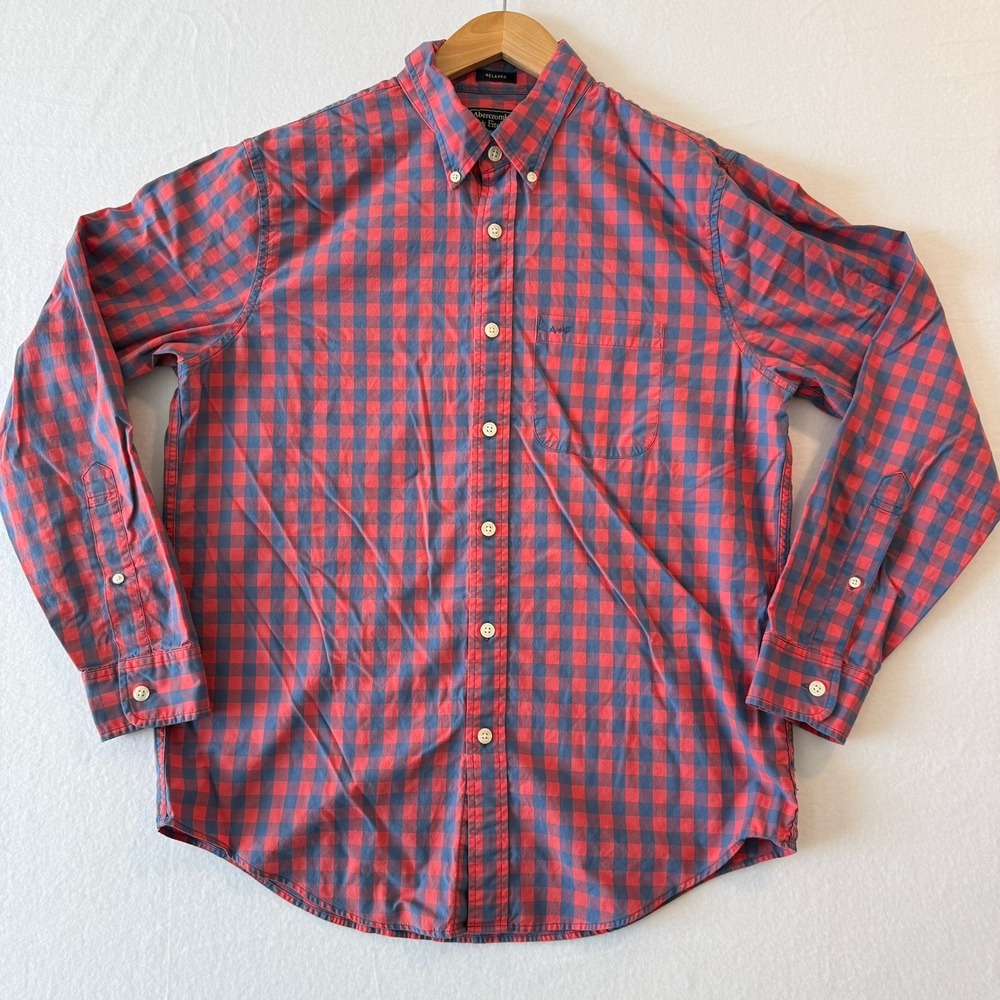 Abercrombie & Fitch Mens Large Relaxed Fit Red Blue Gingham Button Down Shirt